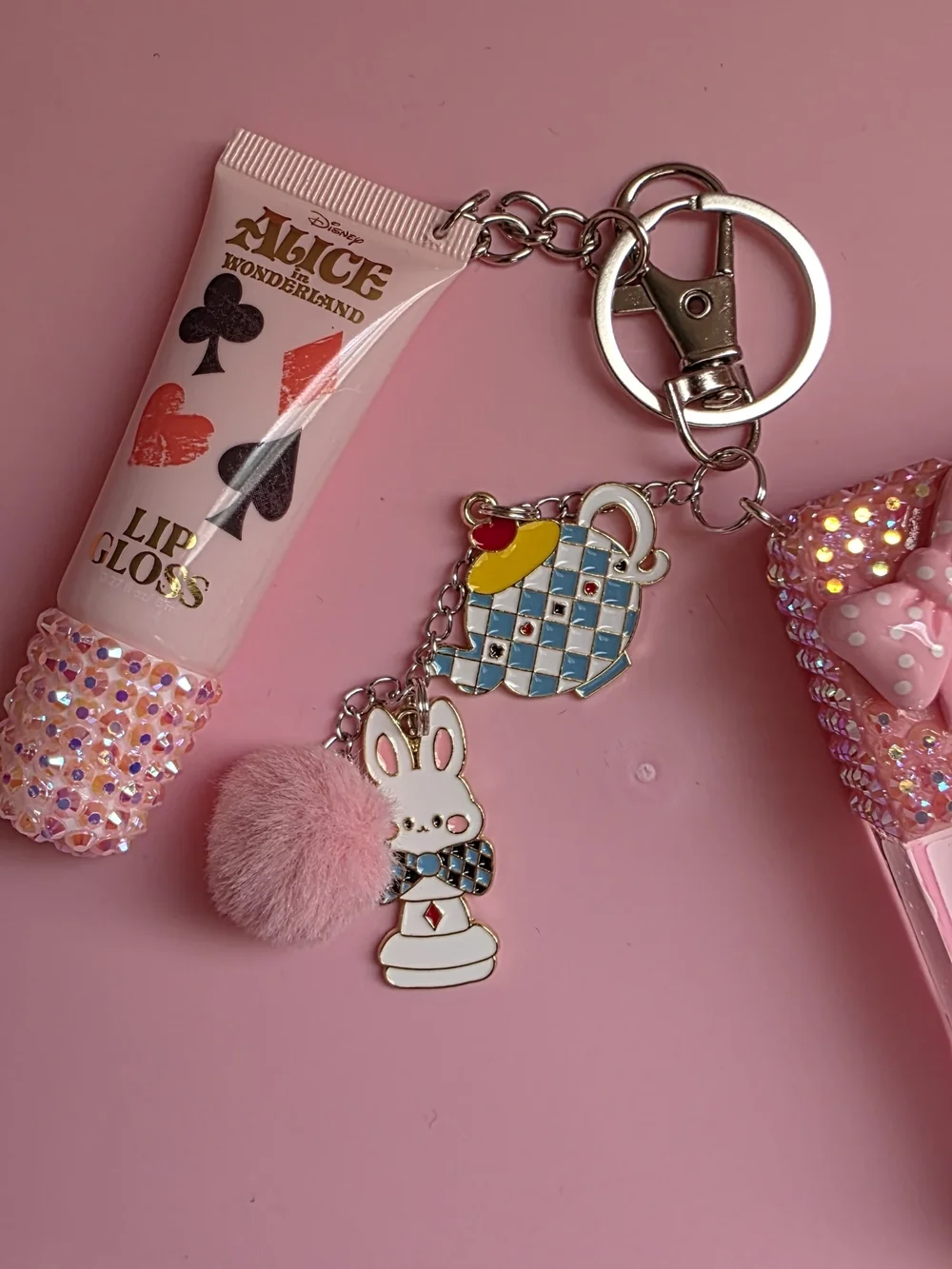 Disney Alice And Wonderland Crystal Bling Hand Sanitizer Keychain with Mirror